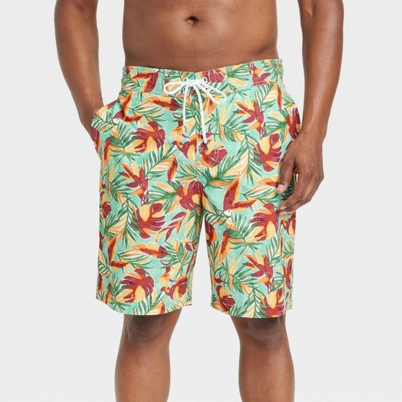Goodfellow & Co Men's 9" Leaf Print E-Board Swim Shorts, Green/Red, Size M, NWT - Picture 1 of 5